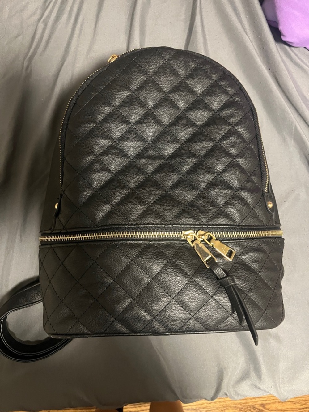 Quilted Black Women's Backpack with Gold Zippers